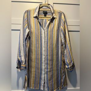 Jones New York 100% linen long shirt. Striped yellow, blue, white and tan. Med.